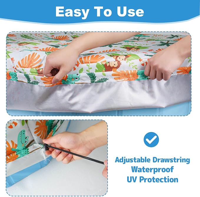 Foldable Dog Pool Cover – Waterproof Round Pet Dog Kiddie Bath Tub Lid Cover, Fit for 32/48/63 Inch Pools, Outdoor Portable Puppy Pool Accessories (L-63 * 12 inch, Beach Element-2)