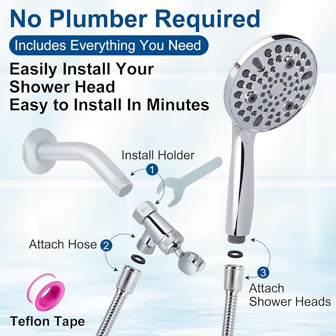 Shower Head with Handheld: Long Hose and Metal Holder, Water Saver Low Flow | California restrictions Showerhead Built-in Power Wash to Clean Tub,Tile & Pets, Multi Mode Adjustment Sprayer,Chrome, 1.8GPM