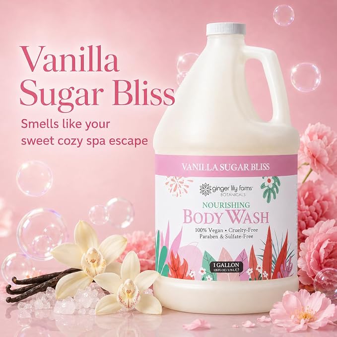 Ginger Lily Farms Botanicals Nourishing Body Wash, 100% Vegan & Cruelty-Free, Vanilla Sugar Bliss Scent, 1 Gallon (Pack of 4)