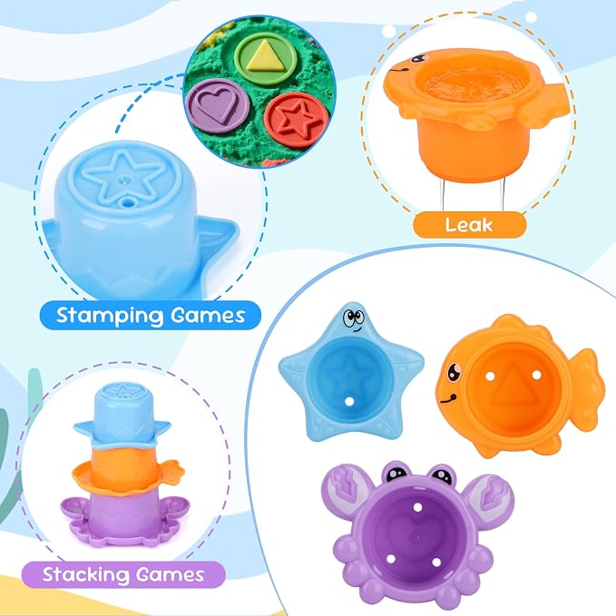 Fajiabao Toddler Bath Toys for Kids Ages 1-3 Multi-Play in Tub Water Pool | Learning Mold Free Bath Toys with Color Stacking Cups & Watering Can Interactive Shower Toys for 1 2 3 4 5 6 Birthday Gifts