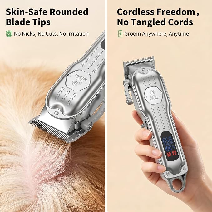 Dog Grooming Kit for Heavy Thick Hair&Coats,Low Noise Dog Hair Trimmer,Rechargeable Cordless Pet Shaver with Stainless Steel Blade, Dog Clippers for Grooming for Small Large Dogs Pets (Sliver)