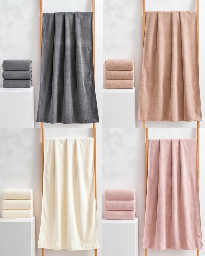 sakano 6-Piece Colorful Microfiber Bath Towel Set - Fast-Drying, Super Absorbent & Non Shedding Towels for Family, Gym, Spa and Salon -White+Pink+Light Gray, 28x55 Inches