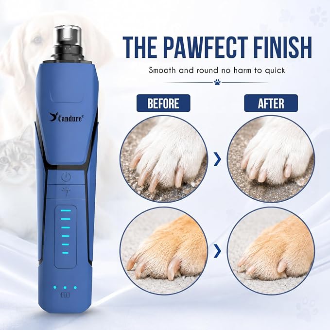 Candure Whisper Quiet Dog Nail Grinder with 360 Degree LED Light, 6-Speed Rechargeable Pet Nail Trimmers with Extra Grinding Head for Safe, Stress-Free Grooming for All Pet Sizes