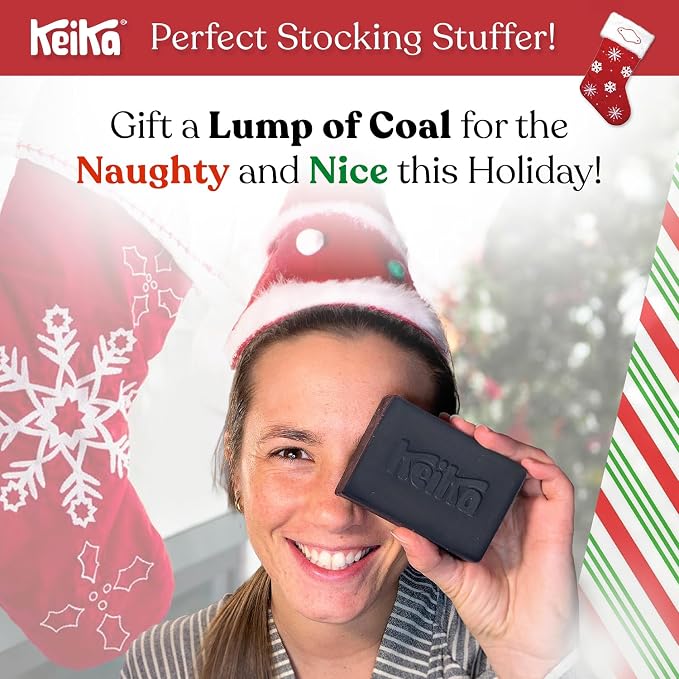 Keika Charcoal Christmas Soap – Santa’s Naughty Bar, Lump of Coal Holiday Gift Idea Stocking Stuffer for Men Women Teens, Natural Black Soap for Eczema, Psoriasis, Oily Skin, 5 oz.