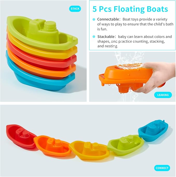 Baby Bath Toys for Kids, 15 PCS Mold Free Toddler Bath Toys Pool Water Table Toys Rainbow Color Floating Boats, Spoons & Sensory Silicone Bath Toys, Bathtub Water Toys for Toddlers 1-3 and Babies