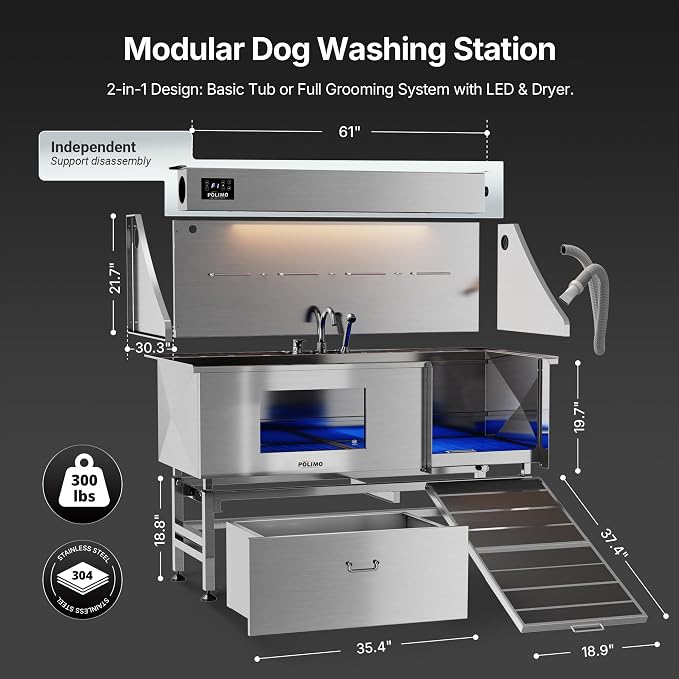POLIMO Dog Washing Station with Built-in Pet Dryer and LED Display 61" (Right Ramp), 304 Stainless Steel Dog Bathtub for Large Medium Small Dogs, Wash and Dry Grooming Tub with Faucet, Storage Drawer