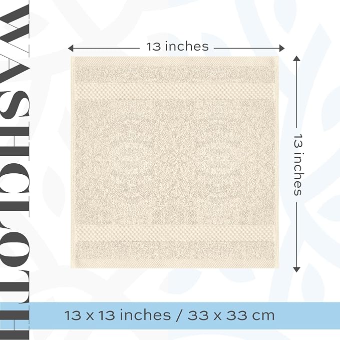 White Classic Luxury Cotton Washcloths 13x13 Inch - 650 GSM Turkish Cotton | Hotel, Spa, Bathroom Face Towel | 12 Pack, Ivory