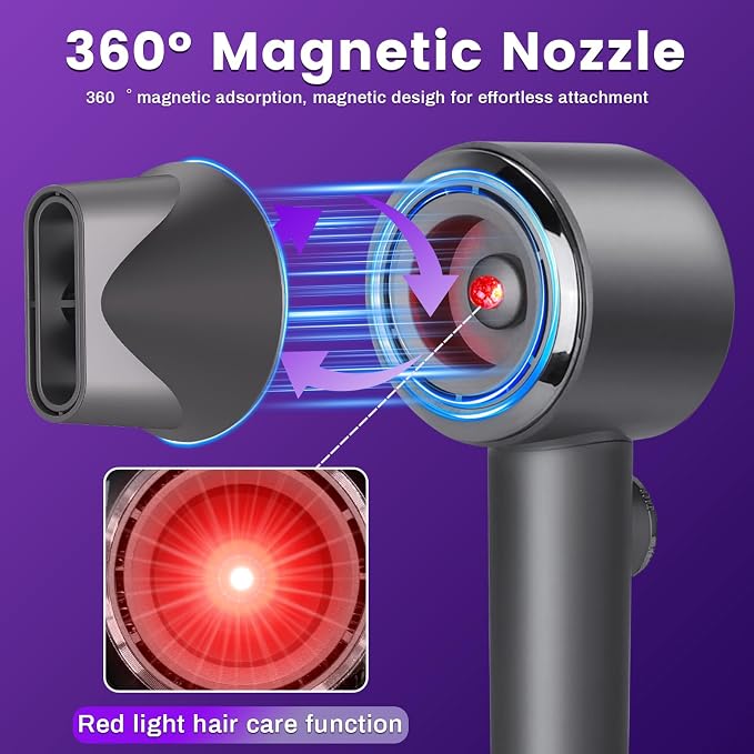 Hair Dryer, 110000 RPM High Speed Professional Hair Dryer, 2 Speeds and 11 Temps with HD Display, Low Noise Portable Hair Blow Dryer with Magnetic Nozzle for Home Travel Salon (Gun Grey)