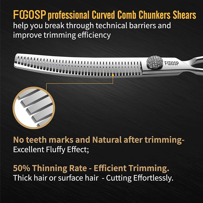 Professional Left Handed Curved Comb Thinner Dog Grooming Scissors 7.0'' Curved Thinning Shears for Dogs Pet 56 Teeth 50% Thinning Rate Japan VG10 Sharp and Durable