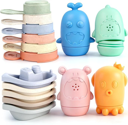 Baby Bath Toys for Kids Ages 1-3, 15 PCS Mold Free Bath Toys Toddlers 2-4, Baby Bathtub Pool Water Table Toys, Silicone Bath Toy for Babies 6-12 Months & Bath Boats Spoons, Baby Shower & Birthday Gift