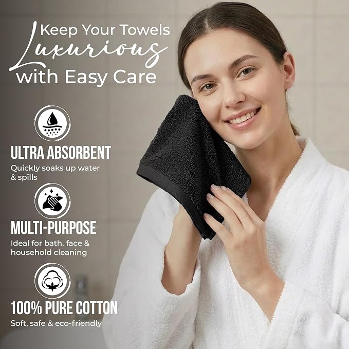 RIVERSIDE 12-Pack Premium 100% Cotton Black Face Towels for Bathroom [12x12] – Reusable Luxury Face Wash Cloths for Showering – 550 GSM Super Soft & Absorbent Washcloths for Body, Spa & Gym