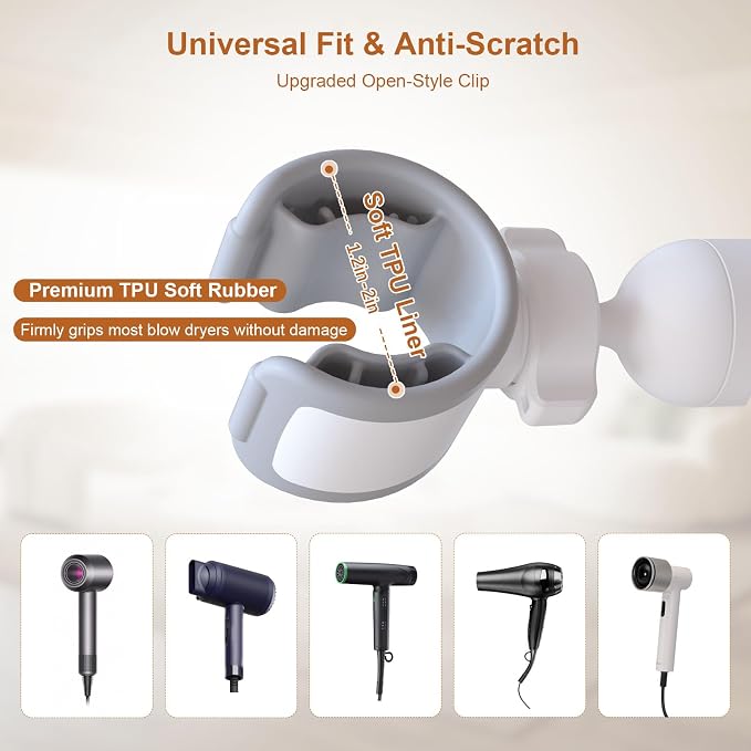 Mistriddle Hands Free Hair Dryer Holder Floor Stand, Adjustable Height (17.2"-51"), Universal Clip with TPU Protection & Organizer Hook, Stable Aluminum Base Blow Dryer Stand Hands Free(White)