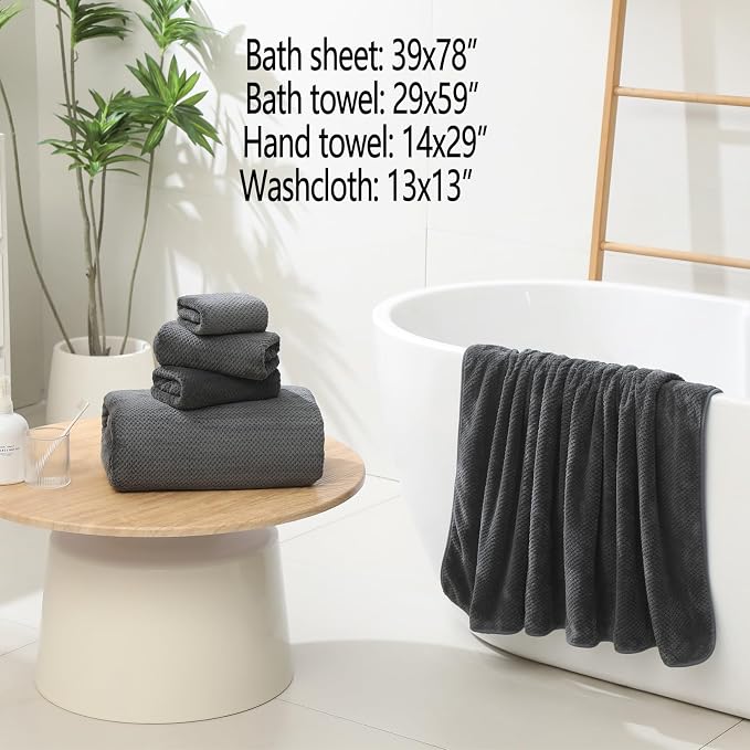 YTYC Towels,29x59 Inches Extra Large Bath Towels for Bathroom Super Soft Quick Dry Light Weight Waffle Microfiber Shower Towels 80% Polyester 20% Nylon (Charcoal,4 Piece)