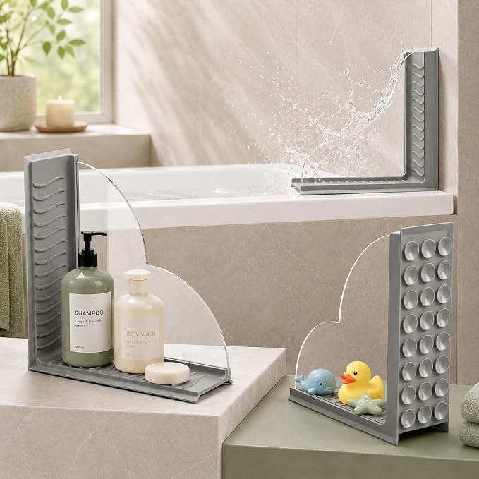 Splash Guard for Bathtub, 2-Piece Shower Splash Guard with Clear Acrylic Panel & Silicone Base, No Adhesive Shower Water Guard for Tub Corner, Shower Guards to Keep Water in Shower (Gray)