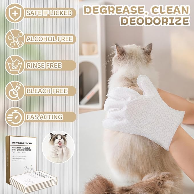 Pet Glove Wipes for Dogs & Cats, 7 Plant Extracts, Hypoallergenic Pet Cleaning Wipes, Dog Washing Gloves Extra Thick, Lick-Safe, Rinse Free for Grooming and Travel, 6PCS