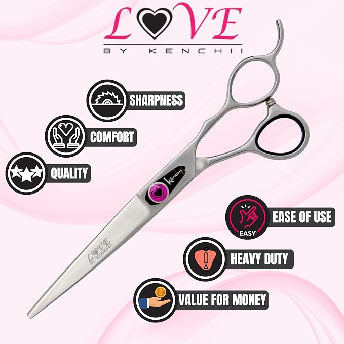 Kenchii Love Dog Grooming Scissors, 7 Inch Straight Shears, Dog Scissors for Grooming, Professional Pet Grooming Scissors, Heavy Duty, Durable and Sharp