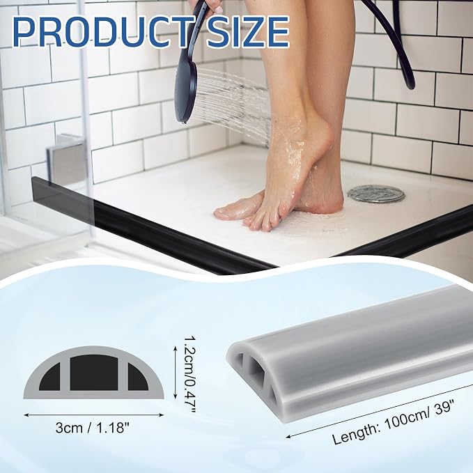 uxcell Shower Water Barrier, 39" Silicone Splash Guard Shower Water Stopper Retention System for Bathtub Sink Washing Machine Dry and Wet Separation, 1.18"W x 0.47"H, Gray