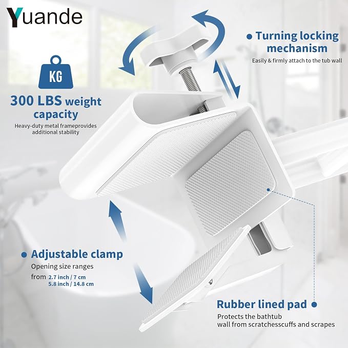 Bathtub Grab Bar, YuanDe 20 x 6 Inch Adjustable Bathtub Safety Rail with Height & Width Adjustment, Heavy-Duty Tub Handle for Elderly Seniors, Disabled & Injury Recovery