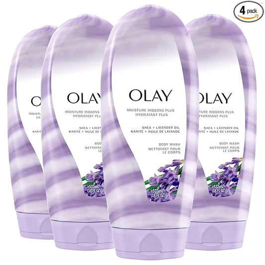 Olay Body Wash for Women, Moisture Ribbons Plus, Deep Conditioning & Moisturizing Formula, Long Lasting Smooth Soft Skin, For All Skin Types, Shea Butter & Lavender Oil Scent, 18 fl oz (Pack of 4)