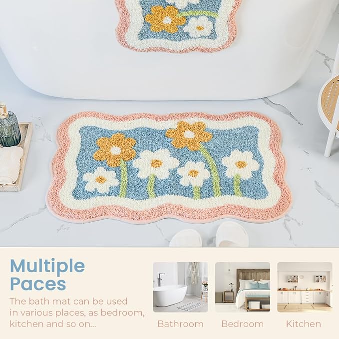Simplicity Flower Bathroom Mat Non Slip Bath Rug Extra Absorbent and Soft Microfiber Bath Carpet Machine Washable Bath Rug for The Entrance of The Door, Bathroom and Bedroom (24"x16",Blue)