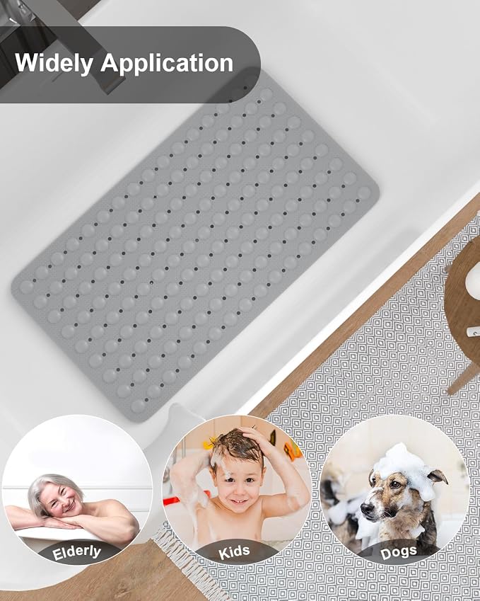 Bath Mat for Tub Shower Mat Non Slip Kids Rubber Shower Tub Mat, 100% Natural Rubber no Plastic Odors Perfect for Baby and Elder, Strong Suction Cups, Textured Mat Surface, 28 X 16 inches, Grey