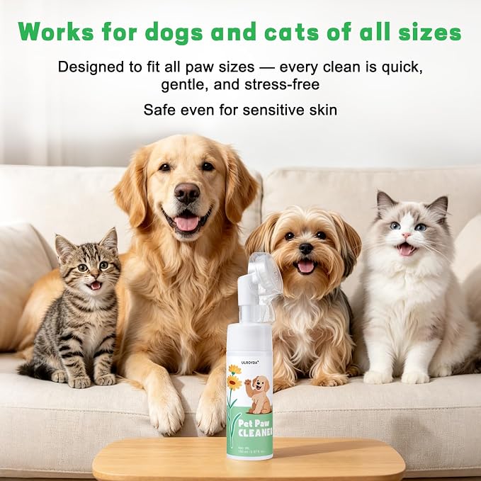 Dog Paw Cleaner No-Rinse Foam, 5-in-1 Paw Washer with Soft Silicone Brush - Removes Mud Dirt & Odor, Moisturizes & Soothes Dry Cracked Paws, pH-Balanced Hypoallergenic for Dogs & Cats, 5.07oz