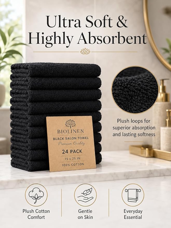 BIOLINEN Salon Towels 24 Pack Black 15x25, 100% Cotton Hand Towels for Bathroom, Bleach Resistant Barber Esthetician Spa Gym Towels, Super Absorbent
