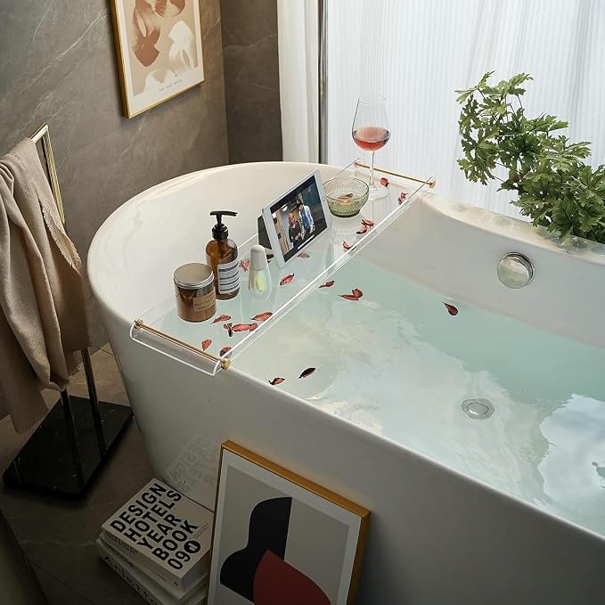 Beelee Clear Acrylic Bathtub Tray, Gold Rail Waterproof Tub Caddy Accessory | Sturdy Transparent Panel, Holds Reading Materials, Cell Phones and Wine Glasses, Ideal Spa Decor and Premium Gift for Women