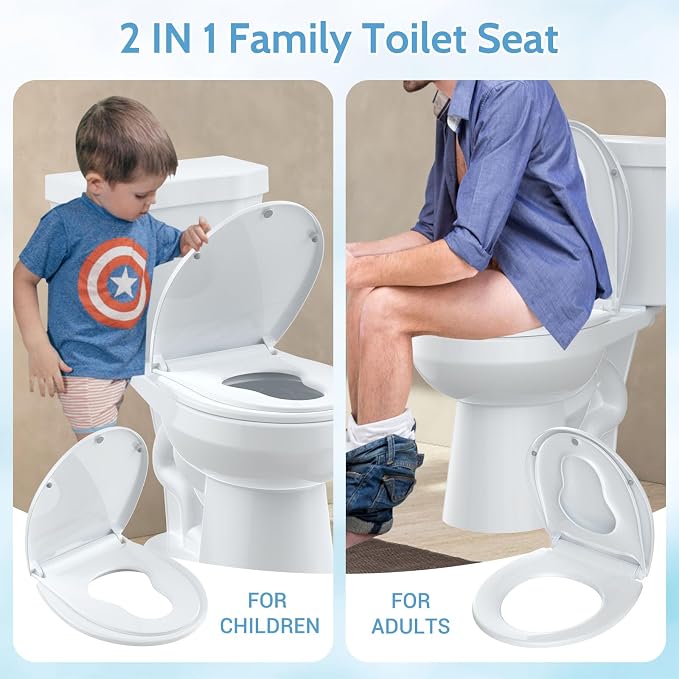 Round Toilet Seat with Toddler Seat, PP Locking Hinge Potty Training Toilet Seat Cover for Kids & Adults, White Detachable Child Toilet Seat for Family Bathroom