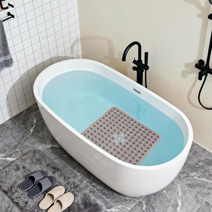 Anti-Slip Bathtub Shower mat, 21×21（ 53×53cm） inch Soft Oversized Machine Washable Non-Slip Bathtub mat with Drainage Holes, Bathroom Floor Suction Cup.（1-Clear Gray）