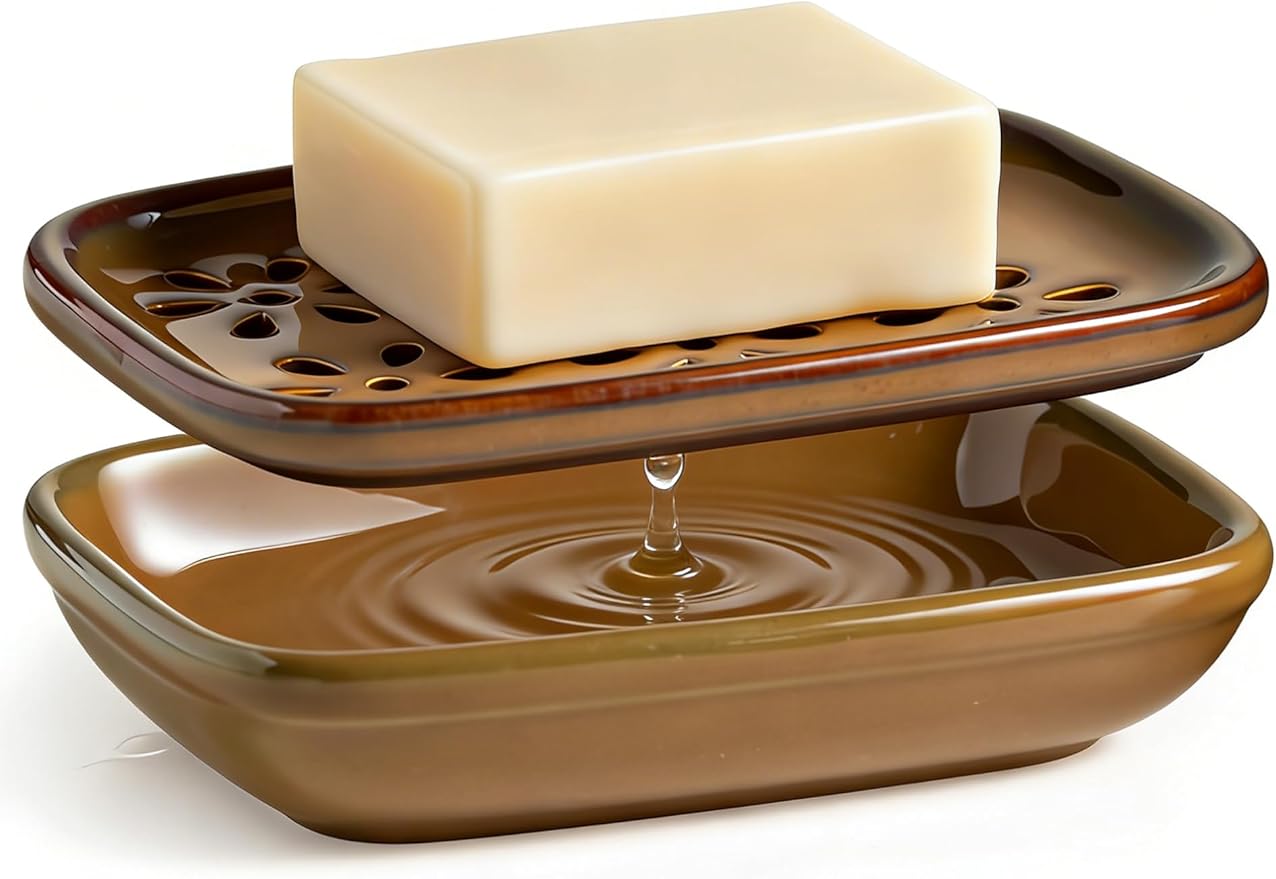 Miamolo Soap Dish with Draining, Bar Soap Holder Keeping Soap Bars Dry | 2-tier Tray Catch Drips, Mess-Free, Non-Slip Base | for Shower Bathroom Bathtub | Sponge Holder Kitchen Sink | Gift, Brown