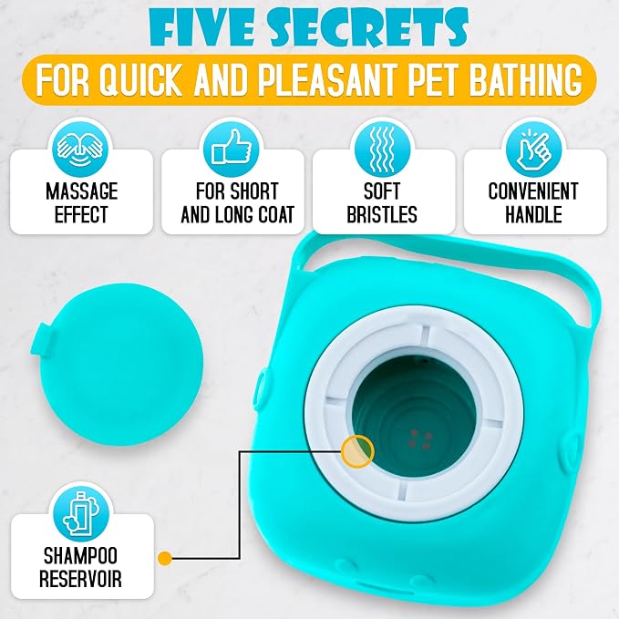Cat Dog Bath Brush Scrubber - Silicone Bath Brush for Dogs Scrubber Brush Cat Grooming Brush Exfoliating Shampoo Massage Brush - Shower Brush Soft Bristle Hair Brush Dog Scrubber with Soap Dispenser