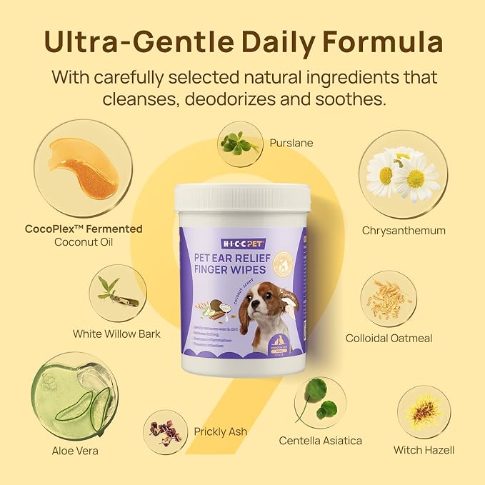 HICC PET Ear Cleaner Finger Wipes for Dogs & Cats, Clean Wax, Dirt & Odor, Soothing Itchy Ears, Gentle and Hypoallergenic Ear Cleaning Wipes for Daily Care-100ct(Coconut Scent)