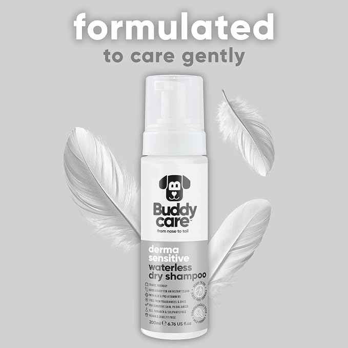 Buddycare Derma Sensitive Waterless Dry Dog Shampoo – No Rinse, Fragrance Free Formula for Sensitive Skin – with Aloe & Pro Vitamin B5 – pH Balanced, SLS & Paraben Free, Vegan & Cruelty Free