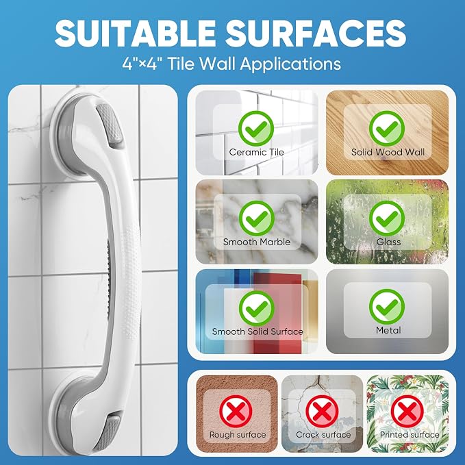 Shower Grab Bars for Bathtubs and Showers, 2 Pack Suction Grab Bars, Heavy Duty Removable Shower Handles with Strong Suction, Bathroom Safety Grip for Seniors, Elderly, Handicap, No Drilling, Gray