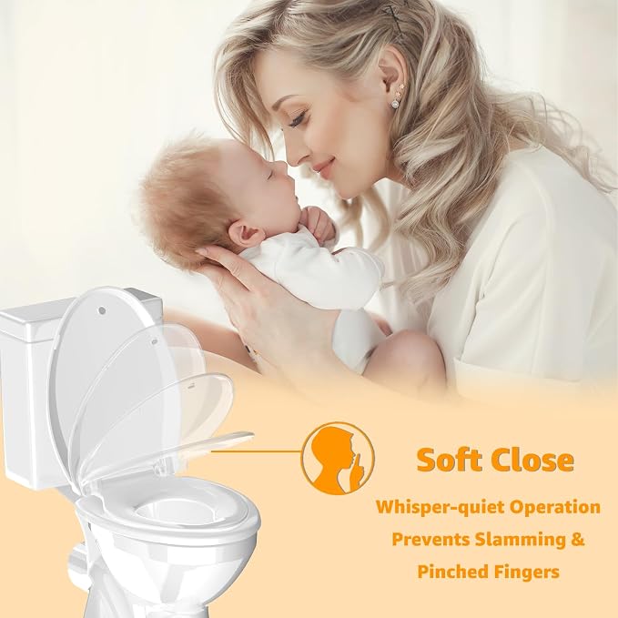 Huttdmel Potty Training Seat Built-in Toilet Seat, Elongated Toilet Seat 18.5inch with Baby Seat 2 in 1 Soft Close Quiet No Slapping, Magnetic Absorption, Easy Installation for Bottom Fixing Toilet