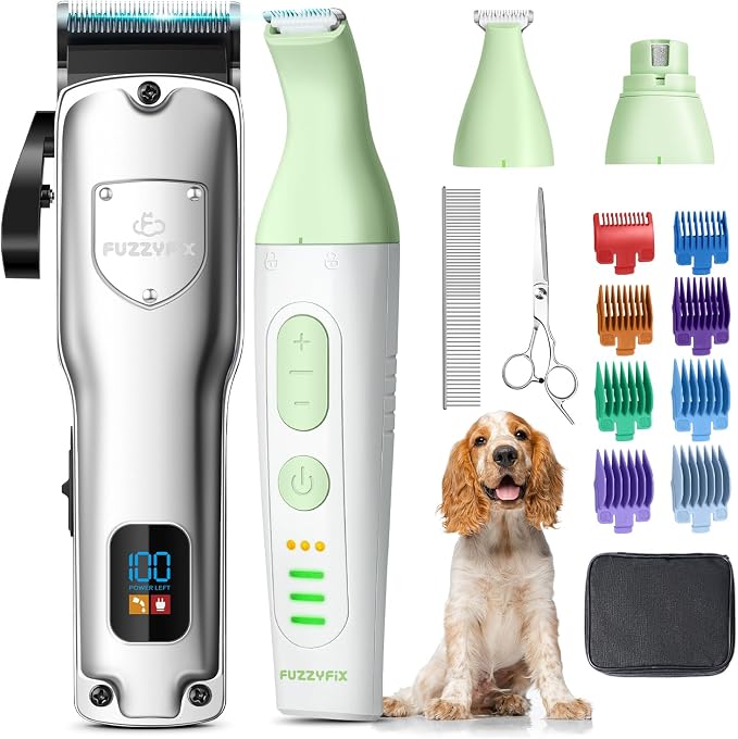 Dog Grooming Kit, Dog Clippers for Grooming for Thick Heavy Curly Coats, Low Noise Pet Paw Trimmer with Qiuet Nail Grinder Rechargeable Stainless Steel Hair Trimmer for Dogs Cats