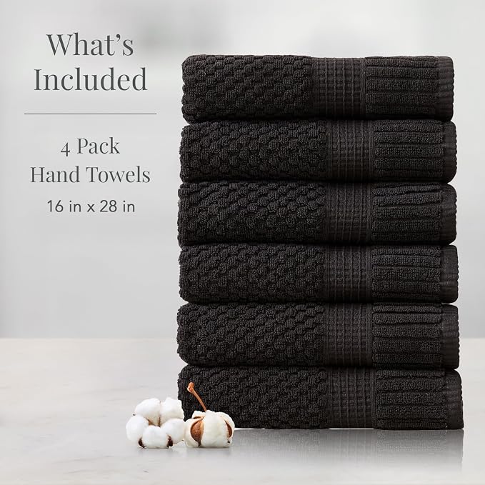 NY Loft 100% Cotton 6-Pack Hand Towel Set | Black | Oeko-TEX | Quick-Dry | Six 16" x 28" Hand Towels | Super Absorbent | Designer-Styled Texture