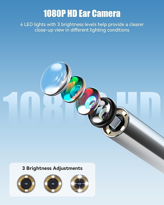 Ear Camera with 1.21” Screen, 1080P HD Digital Otoscope Ear Scope with 4 LED Lights, Skin Inspection Probe, 10 Ear & Nose Tips, 6 Ear Pick Tools, Ear Cleaner for Adults Kids Pets, Type-C