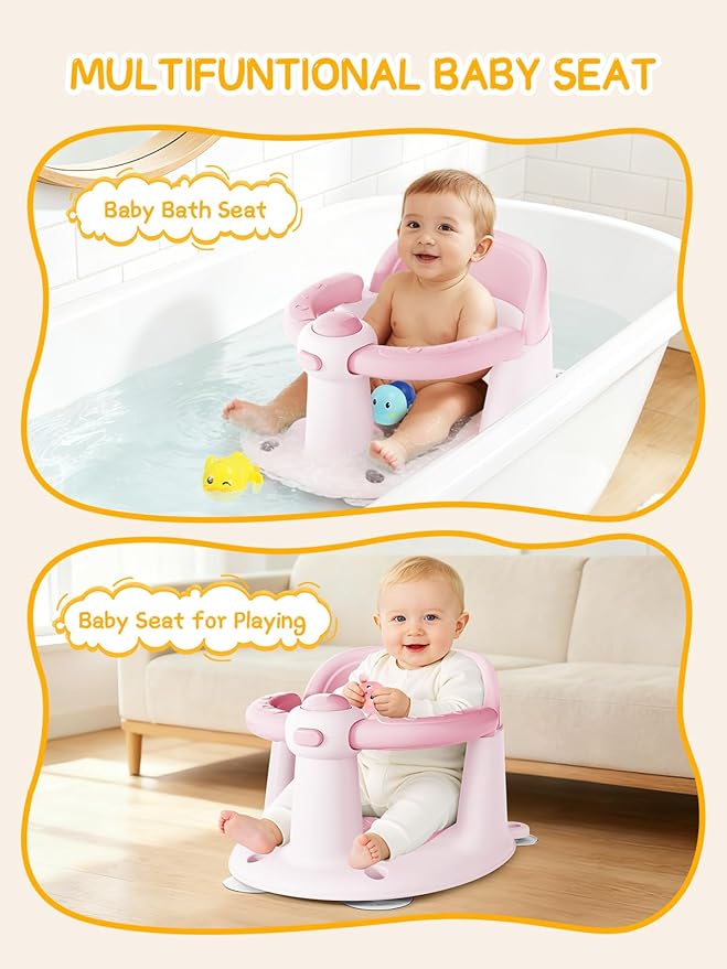 Baby Bath Seat for Babies 6 Months & Up - Bathtub Seats for Babies with 3 Baby Bath Toys, Non-Slip, Comfortable, Infant Bath Essentials-Pink