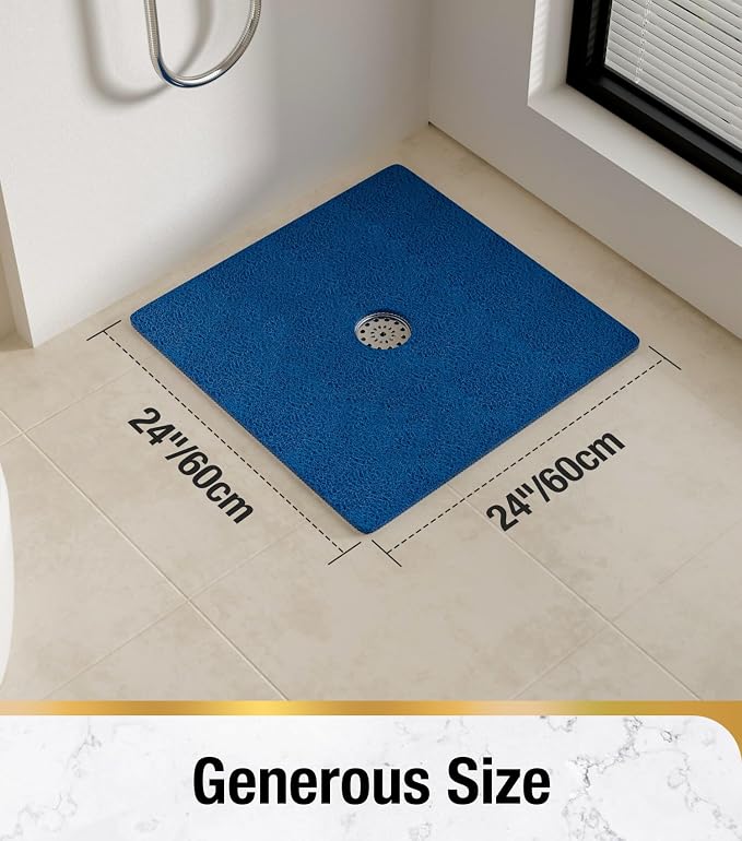 HITSLAM Square Shower Mat, 24 x 24 Inch Non Slip Bath Mat for Tub, Soft PVC Loofah Bathtub Mats with Drain Holes, Quick Drying Bathroom Stall Floor Mat, Bathroom Accessories Without Suction Cup, Blue