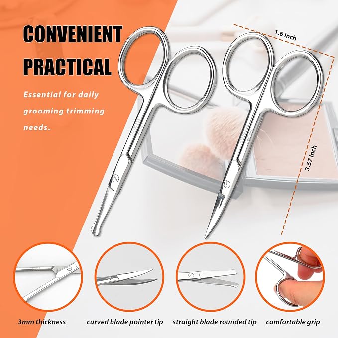 Facial Hair Small Grooming Scissors For Men Women - Eyebrow, Nose Hair, Mustache, Beard, Eyelashes, Ear Trimming Kit - Curved and Rounded Safety Tip Clippers For Hair Cutting - 2PCS Silver