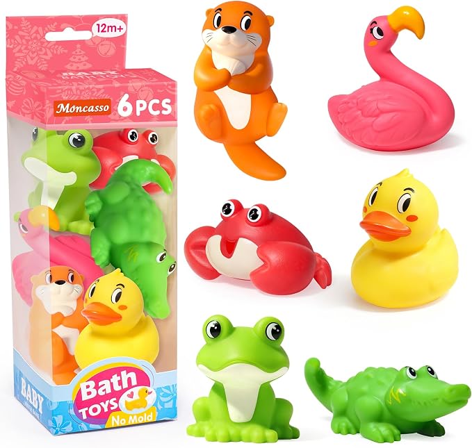 Mold Free Bath Toys for Kids Ages 1-3, 6Pcs No Hole River Baby Bath Toys Design Keeps Moisture Out, Toddler Learn Crab Ducks Animal with Soft Squeeze Bathtub Toys, Pool Toy