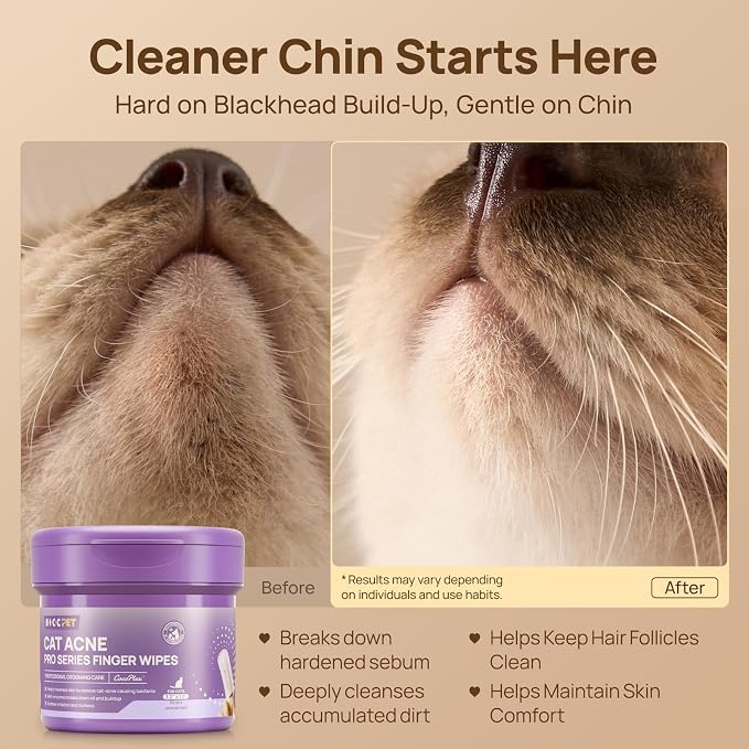 HICC PET Cat Chin Acne Finger Wipes – Gentle Enzyme Complex Daily Chin Cleaning Wipes for Blackheads & Chin Buildup, No-Rinse Natural Formula