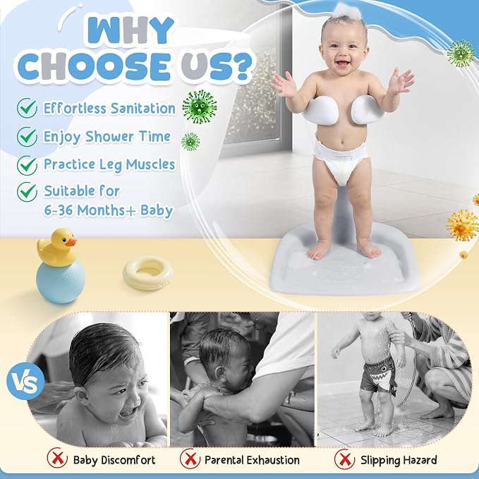 Orzbow Baby Bath Stand, Adjustable Height Baby Shower Stand, Toddler Shower Standing Support with Non-Slip Base for Infant 6-36 Months, Easy-Use, Ideal Gift, Gray