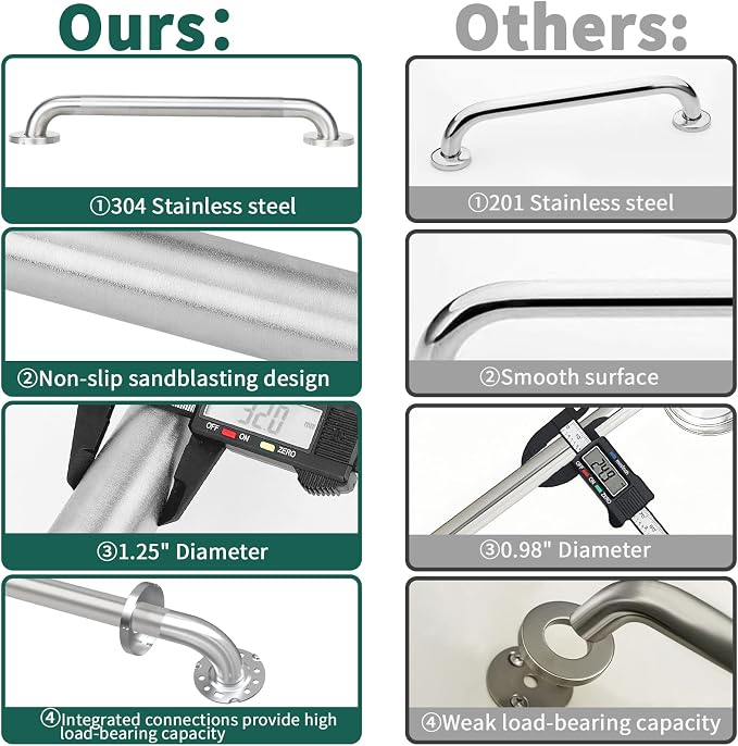 Safety Grab Bars for Bathtubs and Showers, Non Slip 304 Stainless Steel Bathroom Balance Bar, ADA Compliant Shower Handles for Elderly, Handicap, Senior & Children (Brushed Nickel, 12 Inches)