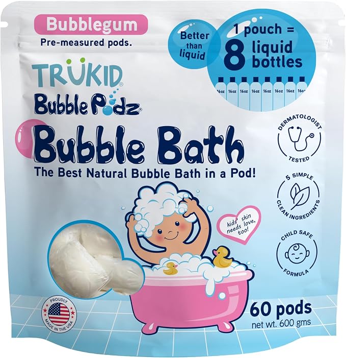 TruKid Bubble Podz Bubble Bath for Kids, Toddlers, & Babies, Tear Free Gentle & Refreshing Bath Bomb for Sensitive Skin with Natural Moisturizers, Non-Toxic, pH Balanced, Bubble Gum Scent (60 Podz)