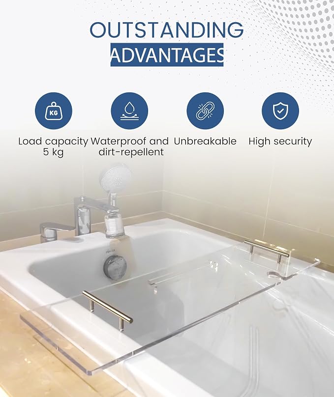 Acrylic Bathtub Tray Bathtub Tray Caddy Bath Tray Table for Tub Luxury Spa with Book and Wine Glass Holder Bathroom Accessories for Decorative Bathtubs, Transparent 31.5inch