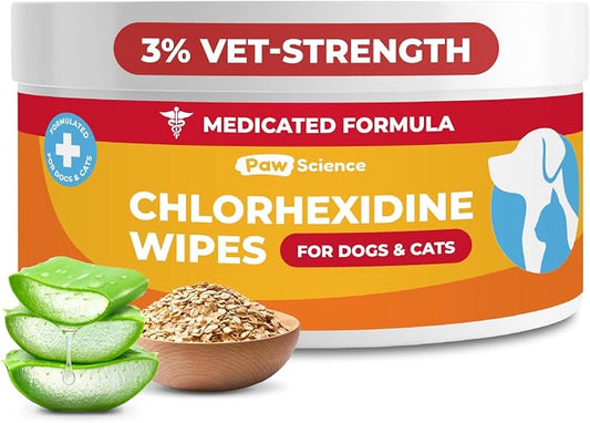 Paw Science 3% Chlorhexidine Wipes for Dogs and Cats - Cleansing Antiseptic, Antibacterial, Antifungal Wipes with Aloe for Skin Infections, Itchy Yeast Paws, Cat Acne