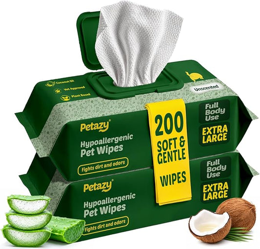 Petazy Pet Wipes for Dogs and Cats – 200 Count (8x8in) Hypoallergenic, Deodorizing Dog Wipes for Paws, Ears and Butt | XL with Aloe & Coconut Oil, Unscented | Travel Size, 2 On-the-Go Packs